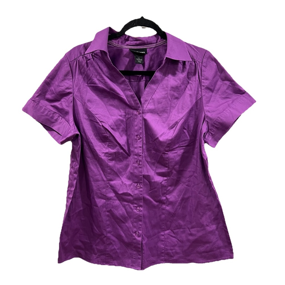 Lane Bryant Short Sleeve Button Down Shirt Size 16 Purple Top Stretch Cotton